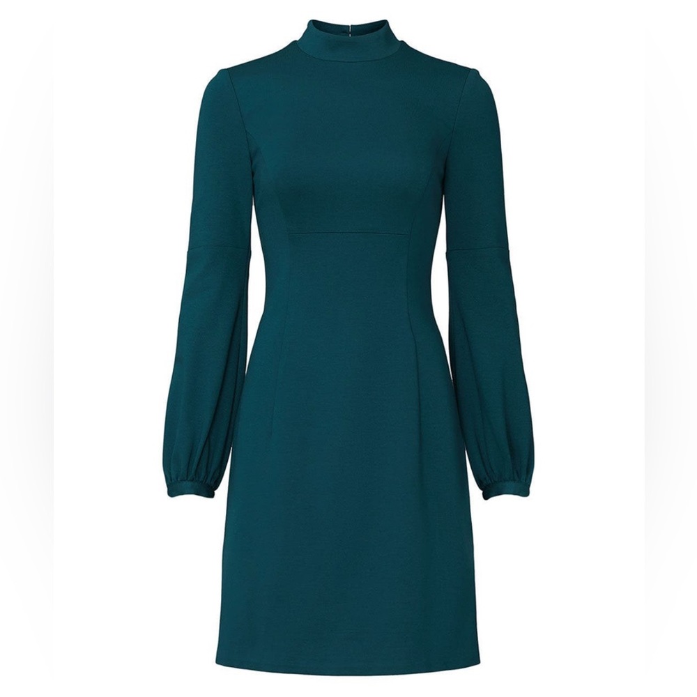 Trina Turk Green Sheath Dress with Mock Neck and Bishop Sleeves